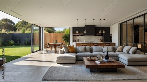 Modern open plan living room showing swimming pool and kitchen.