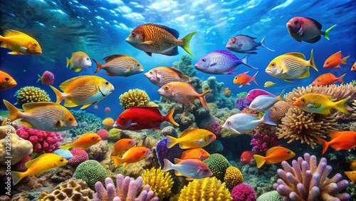 School of colorful fish swimming together in a vibrant coral reef, underwater world, aquatic animals, marine life