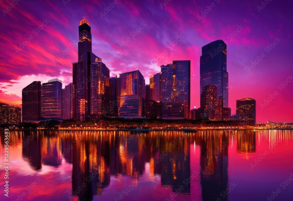 Fototapeta premium stunning reflections vivid skyline tranquil water surfaces creating serene urban landscape dusk, artwork, backdrop, beauty, breathtaking, brightness, city