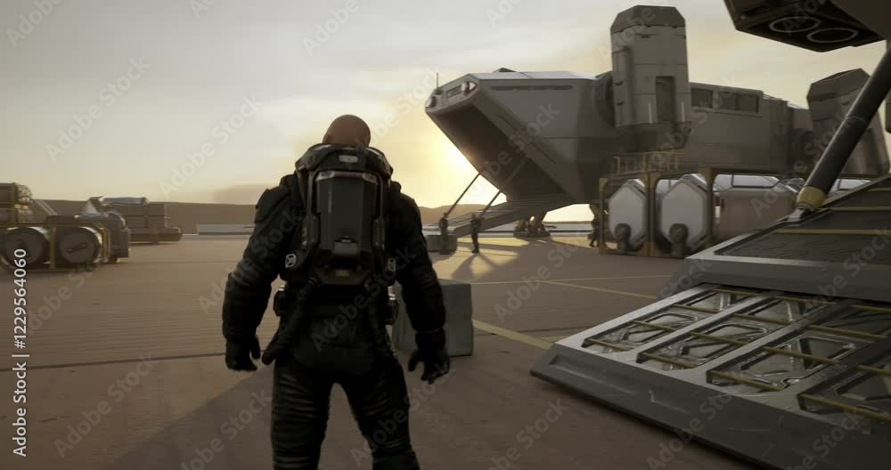 futuristic spaceport with a high-tech spaceship docked at sunset. Soldiers in advanced armor oversee cargo loading, preparing for an interstellar mission futuristic spaceport with a high-tech spaceship docked at sunset. Soldiers in advanced armor oversee cargo loading, preparing for an interstellar mission