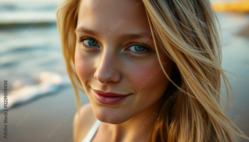 Beautiful woman with flowing blonde hair and soft sunlight reflecting off her face, standing by the ocean. Beautiful woman with flowing blonde hair and soft sunlight reflecting off her face, standing by the ocean.