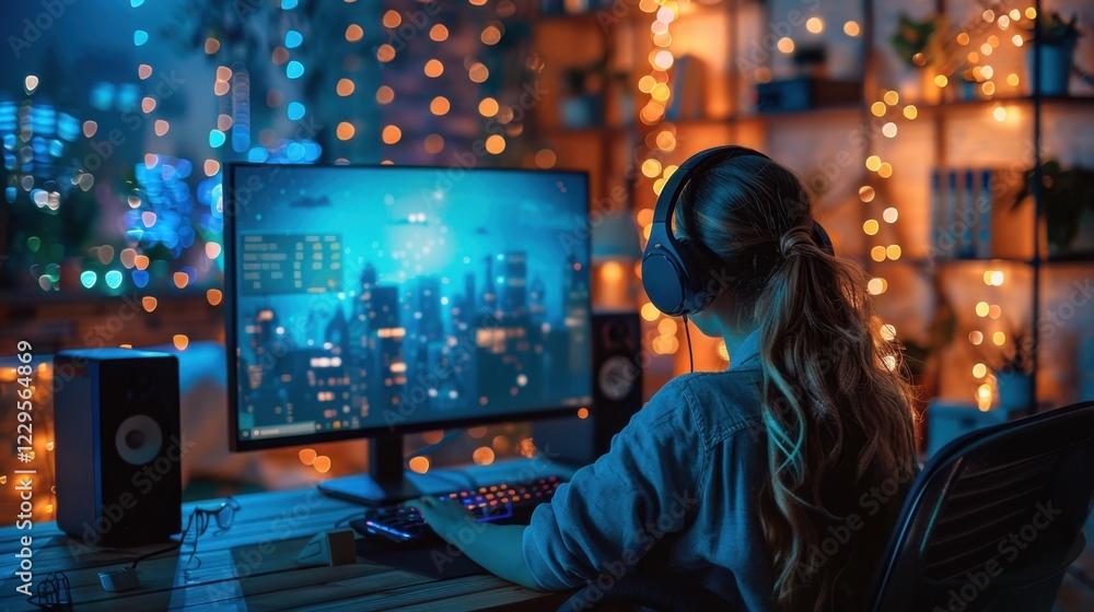 Girl sitting at desk with computer and headphones on Girl sitting at desk with computer and headphones on