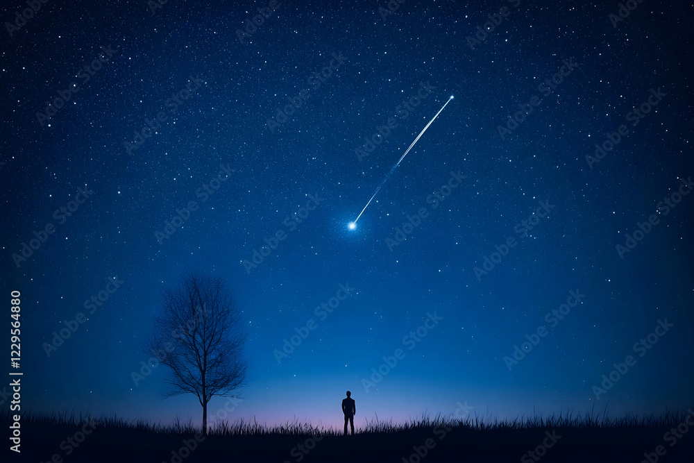 Silhouetted Man Observing a Shooting Star Streaking Across a Starry Night Sky Silhouetted Man Observing a Shooting Star Streaking Across a Starry Night Sky