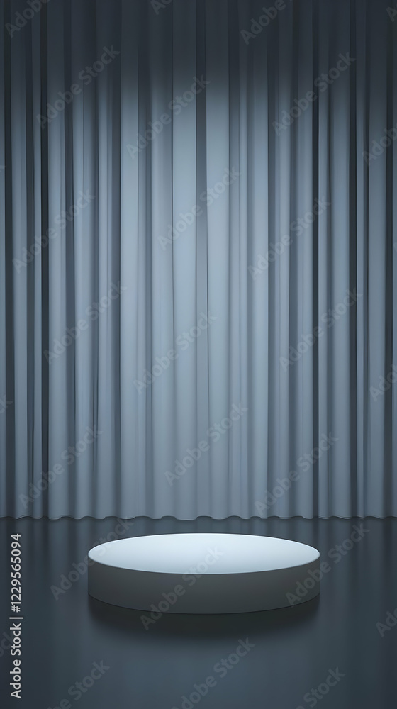 White Cylindrical Podium Stands Elegantly Before a Closed Gray Curtain in a Spotlit Room White Cylindrical Podium Stands Elegantly Before a Closed Gray Curtain in a Spotlit Room