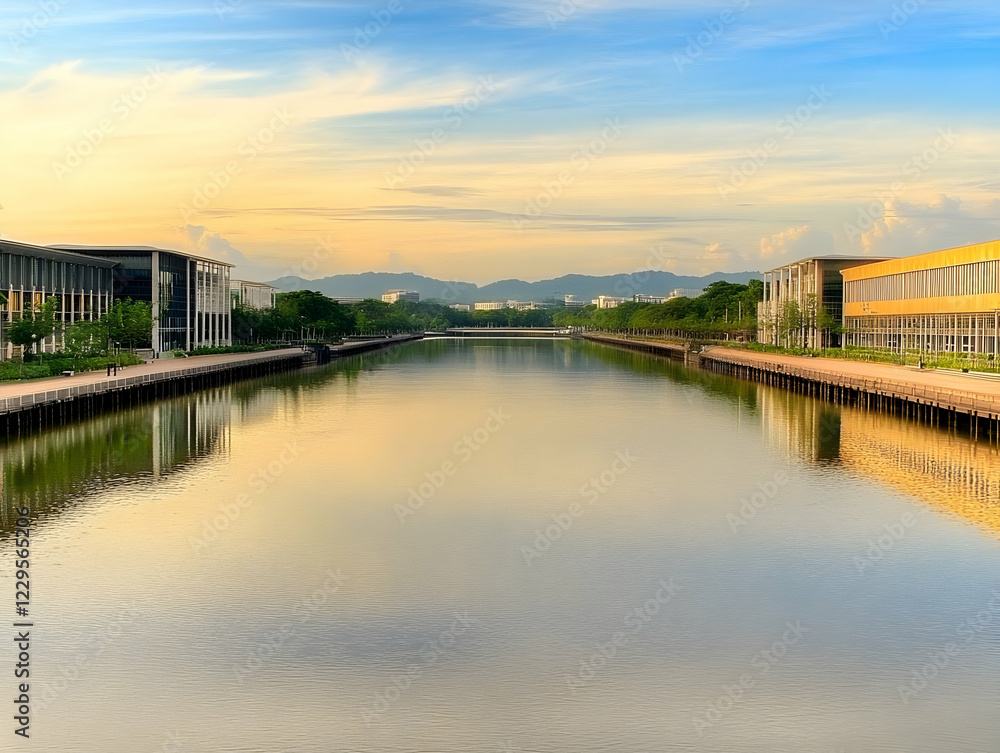Obraz premium Tranquil Canal Reflects Golden Sunset and Modern Buildings with Distant Mountains under Pastel Sky