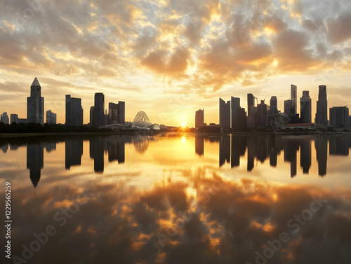 Cityscape Reflects in Calm Water under Golden Sunset Sky with Clouds
