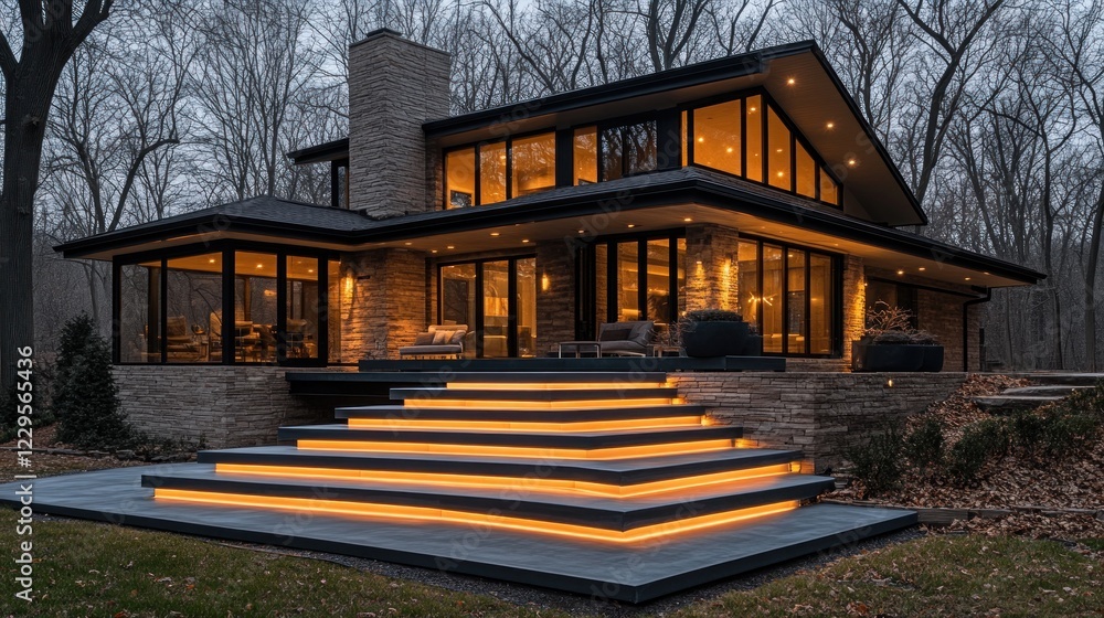 Fototapeta premium Modern house, twilight forest, illuminated steps