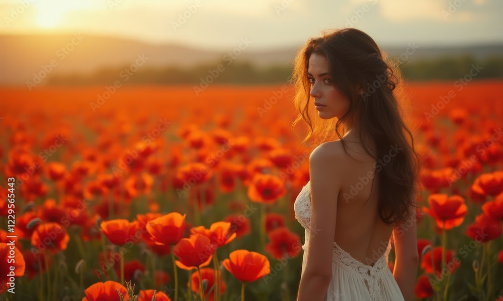 Woman stands back to a field of red flowers in a light summer dress. Concept of tranquility, serenity, and romance Woman stands back to a field of red flowers in a light summer dress. Concept of tranquility, serenity, and romance