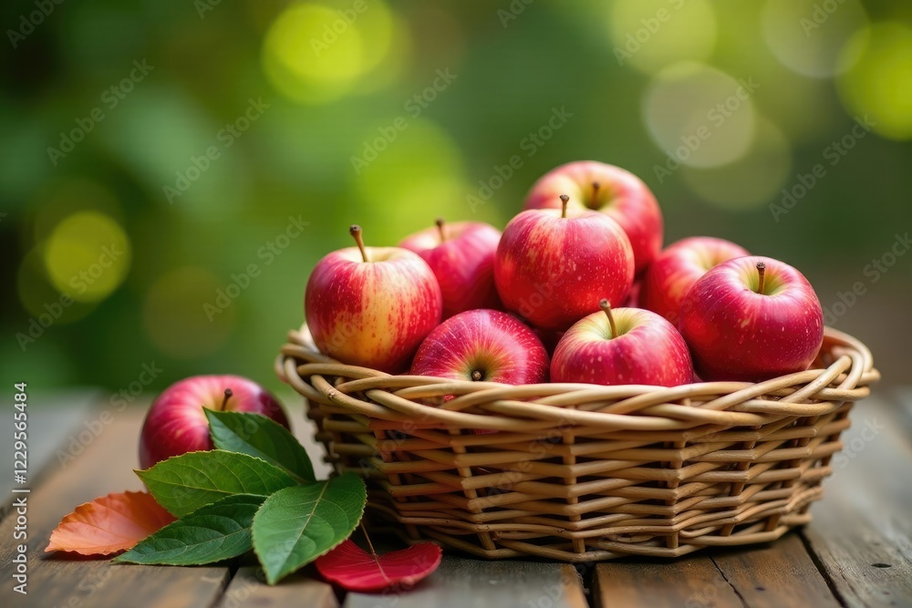 Simple basket containing fresh apples and dried leaves, natural, basket Simple basket containing fresh apples and dried leaves, natural, basket