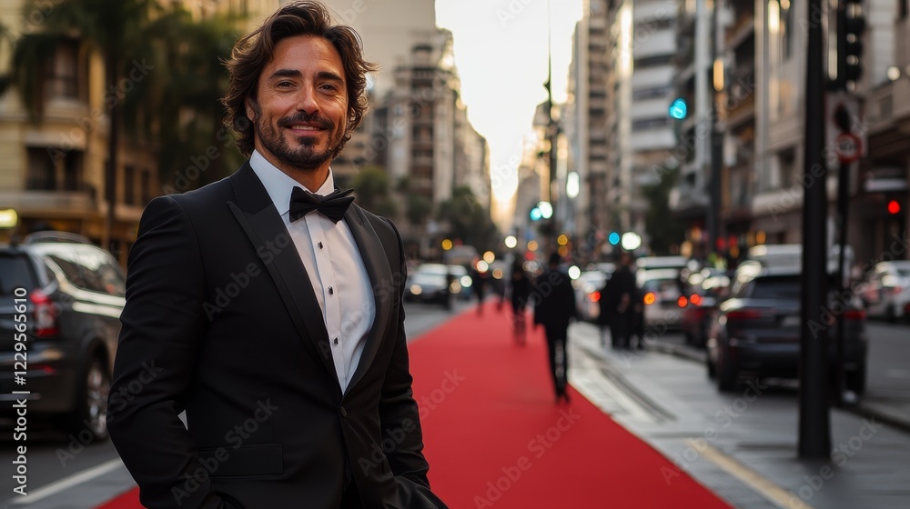 Handsome Man in Tuxedo on Red Carpet in Buenos Aires Cityscape Handsome Man in Tuxedo on Red Carpet in Buenos Aires Cityscape