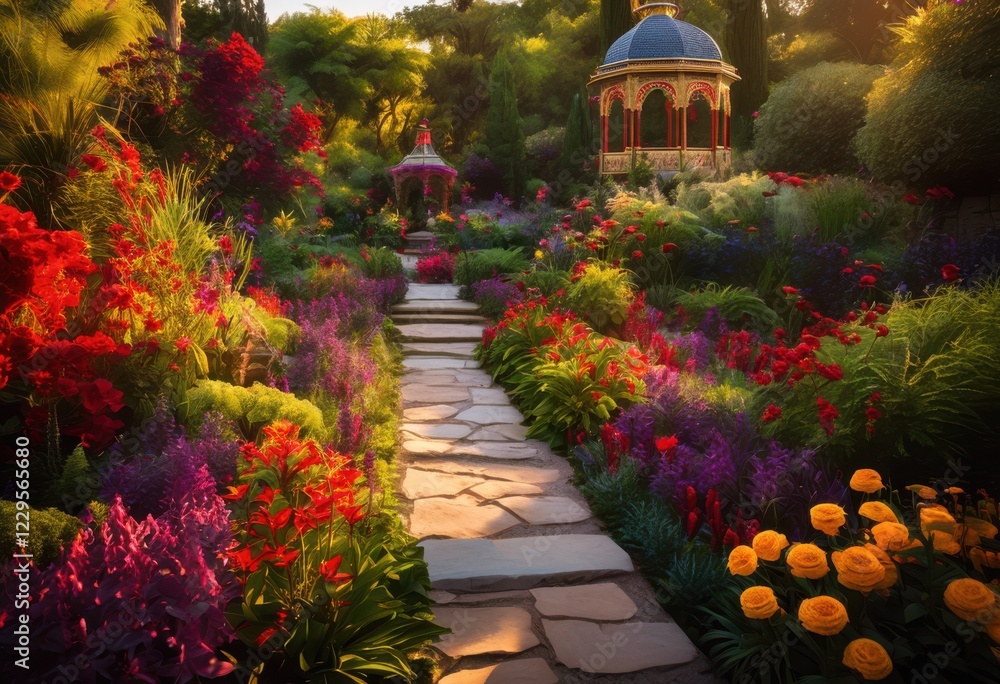 Fototapeta premium lush vibrant botanical garden showcasing stunning architectural features amidst colorful flora unique plant displays, arboretum, backdrop, biodiversity, bloom