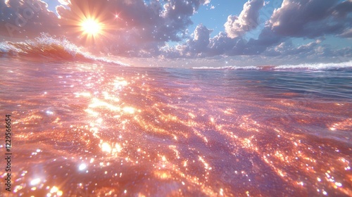 Golden sunset light sparkles on ocean waves