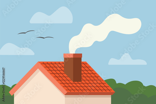 chimney smoke and roof; house heating, air pollution, carbon dioxide concept- vector illustration