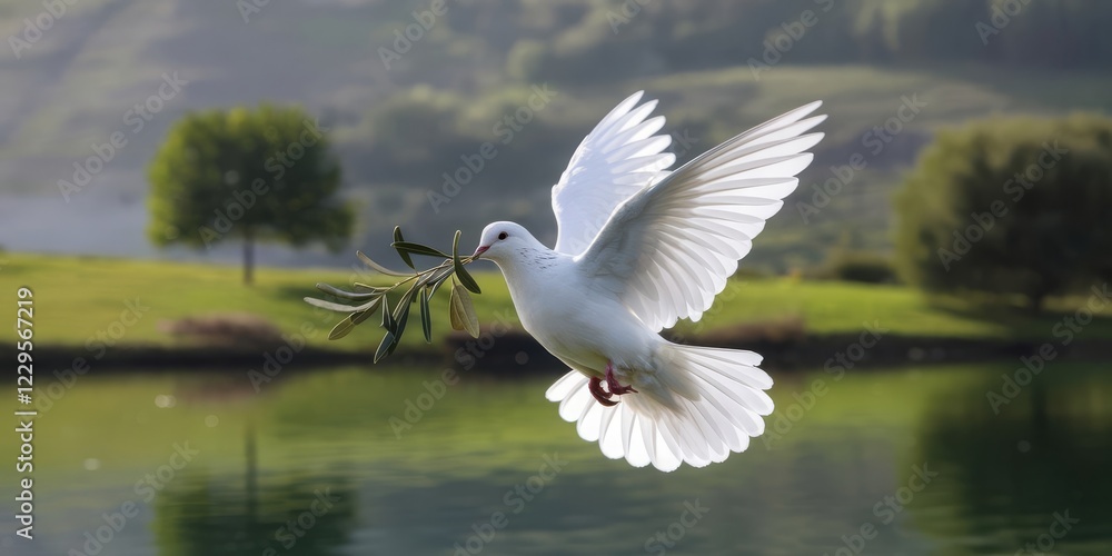 White Dove in Mid-Flight Carrying an Olive Branch in its beak, on a pink background, Symbolizing Peace, Hope, Solidarity, and Serenity.
White Dove in Mid-Flight Carrying an Olive Branch in its beak, on a pink background, Symbolizing Peace, Hope, Solidarity, and Serenity.