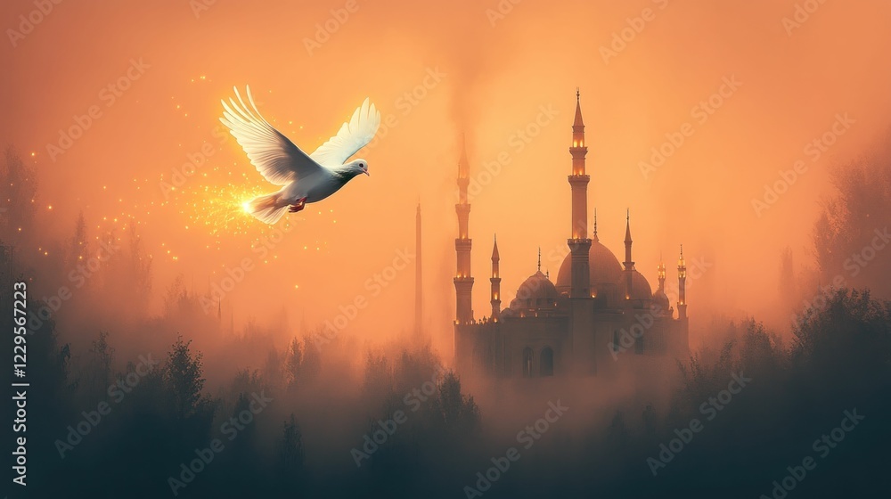 Obraz premium Magical dove soaring, mosque in misty dawn