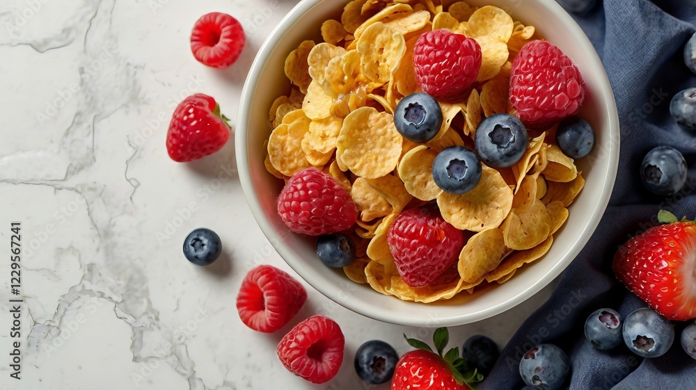 Flat Lay of Cornflakes with Milk, Berries, and Honey on White Background #17 Flat Lay of Cornflakes with Milk, Berries, and Honey on White Background #17