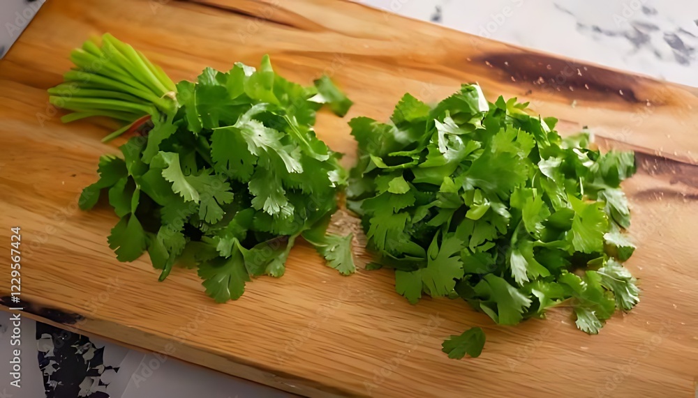 Two sprigs of finely chopped cilantro are prepared as a garnish Two sprigs of finely chopped cilantro are prepared as a garnish