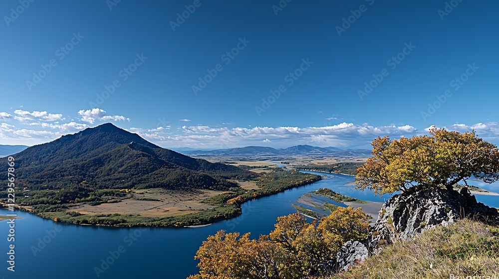 Obraz premium Scenic panoramic view of a river winding through vibrant autumn foliage and mountains