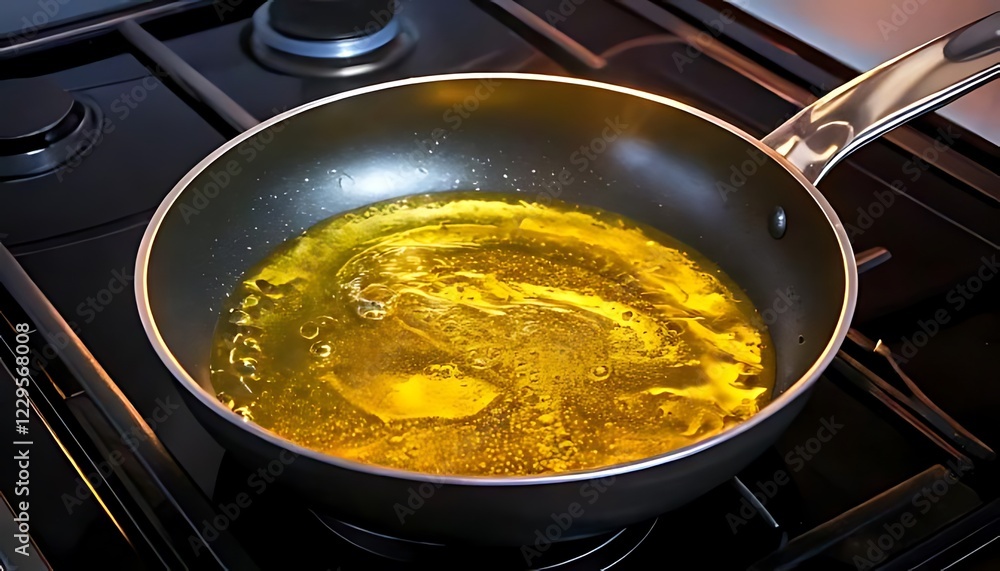 Vegetable oil heats in a pan on a medium-heat burner Vegetable oil heats in a pan on a medium-heat burner