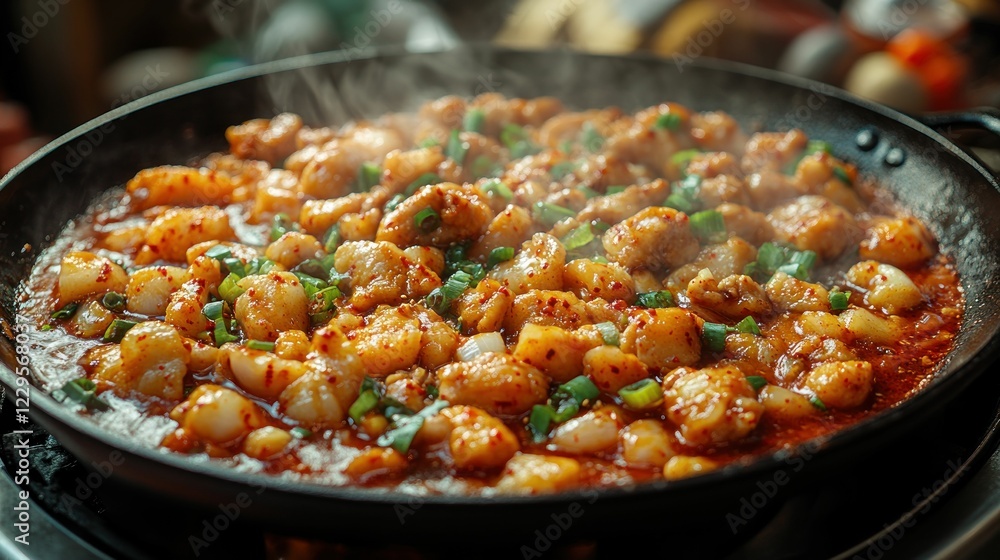 Spicy, savory seafood stir-fry steaming hot. Spicy, savory seafood stir-fry steaming hot.
