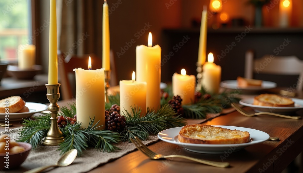 Obraz premium Festive Christmas Dinner Table Set with Candles and Fruit Bowl