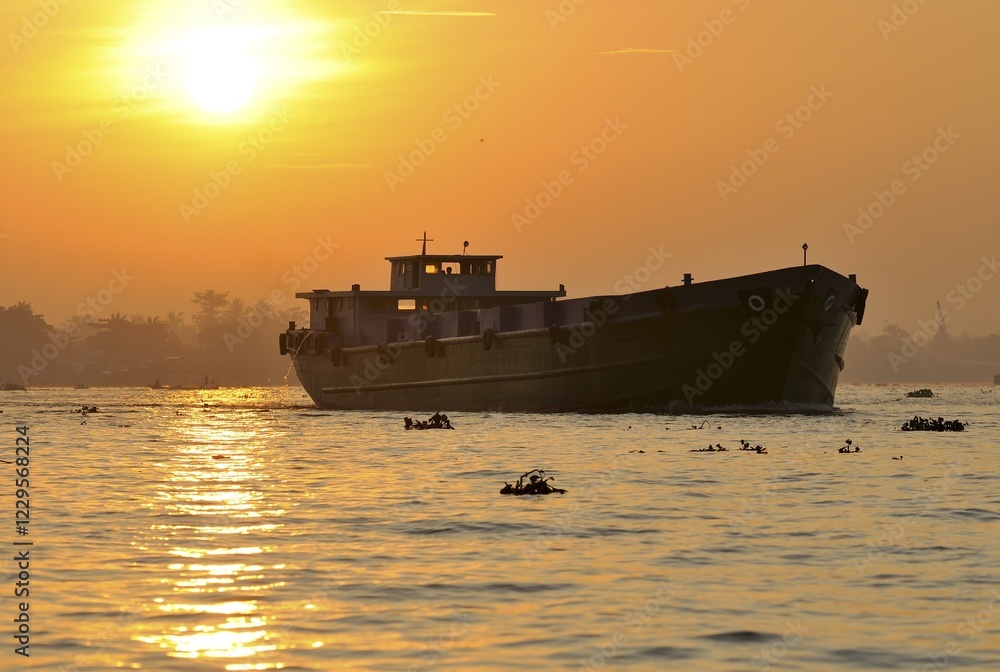Fototapeta premium Transport ship at sunset on Mekong River, Mekong Delta, Vietnam, Asia