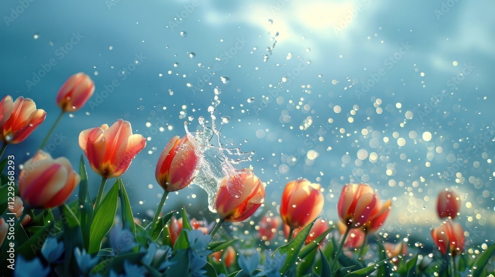 Vibrant tulips splashing in water under a cloudy sky, creating a lively spring atmosphere Vibrant tulips splashing in water under a cloudy sky, creating a lively spring atmosphere