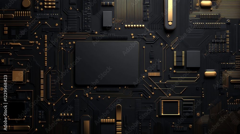 Fototapeta premium 3D black wallpaper, a flat surface with futuristic shapes and circuit patterns, tech-inspired design elements, a high-tech vibe, metallic texture, a dark color palette, geometric patterned textures, 