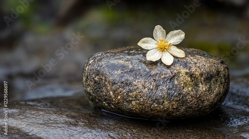 White flower on natural stone in zen style composition. Suitable for wellness, meditation, and spiritual concepts.