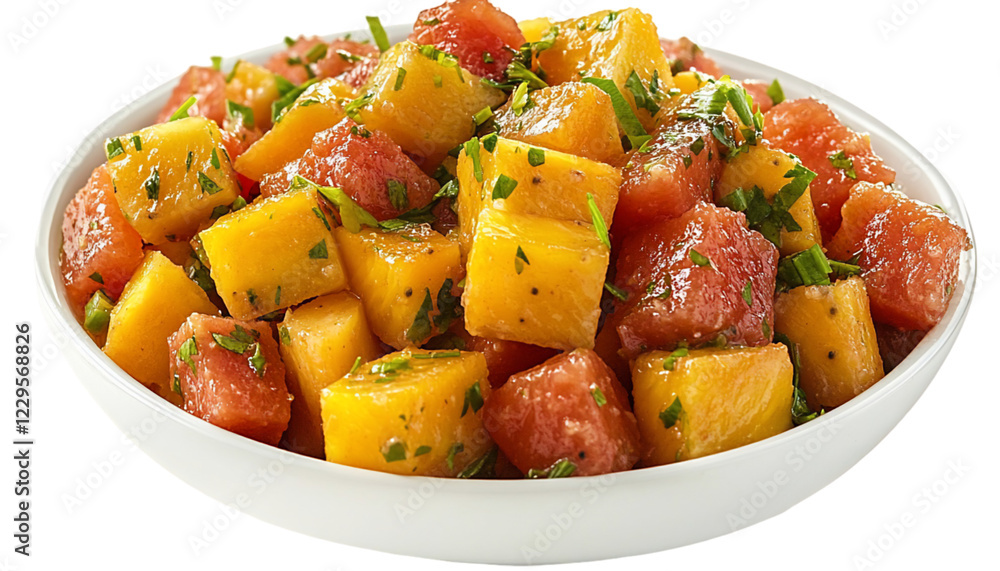 Refreshing Watermelon Mango Salad in White Bowl Refreshing Watermelon Mango Salad in White Bowl