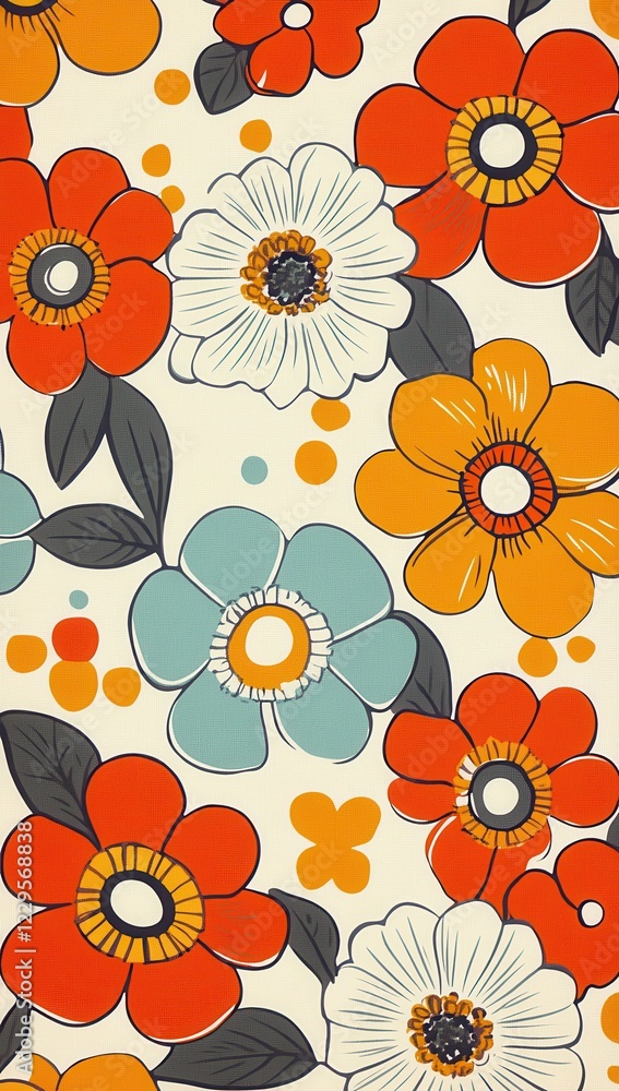 Fototapeta premium Bright floral pattern with bold colors in a retro design
