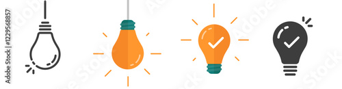 Light bulb icon simple solid pictogram, lightbulb vector hanging on wire with check mark as idea innovation vector graphic minimal line stroke outline set, lamp solution image clip art
