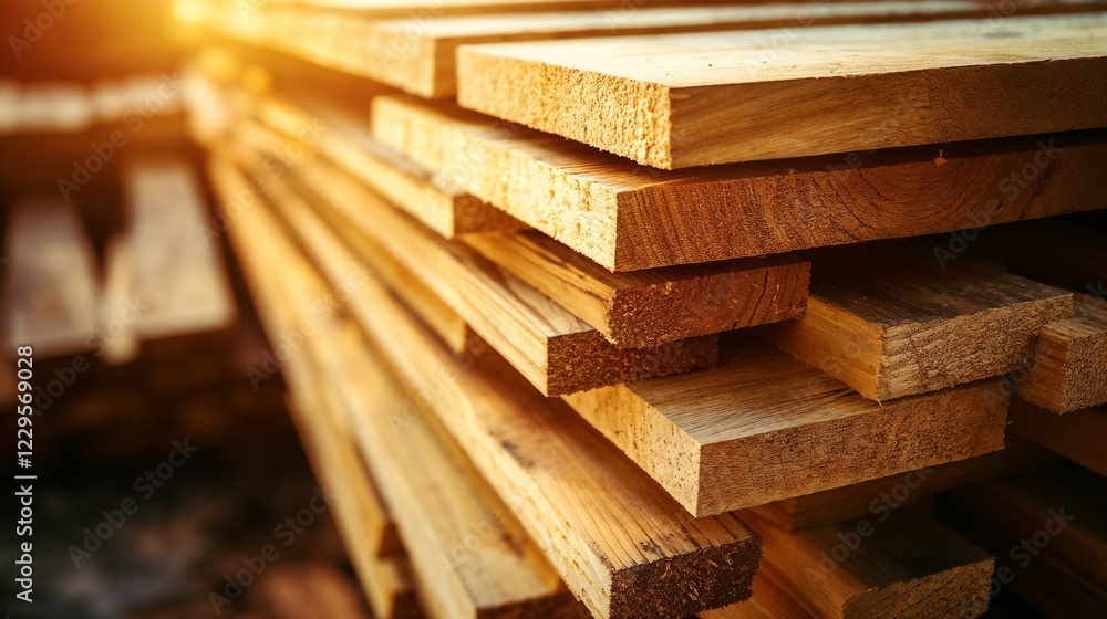 Stacked lumber planks in workshop with warm lighting. Ideal for woodworking, construction materials, and craftsmanship themes. Stacked lumber planks in workshop with warm lighting. Ideal for woodworking, construction materials, and craftsmanship themes.
