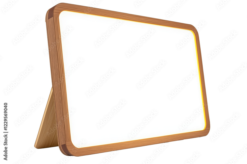 Whiteboard with wooden frame and LED lighting isolated on transparent white background