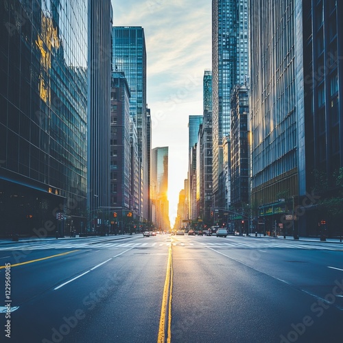 Stunning view of a city street lined with skyscrapers at sunset, showcasing urban architecture and tranquility.