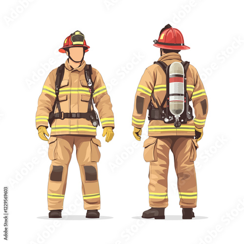 Vector illustration of a firefighter in full protective gear, including helmet, gloves, and oxygen tank, shown from front and back. Perfect for emergency, safety, and rescue-related designs.