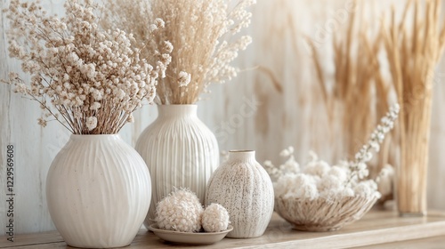 White ceramic vases with dried flowers in modern setting. Suitable for interior decor, minimalist design, and contemporary styling.