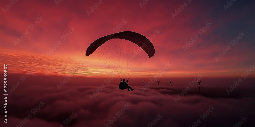 A breathtaking shot of a lone paraglider soaring gracefully through the sky at golden hour A breathtaking shot of a lone paraglider soaring gracefully through the sky at golden hour