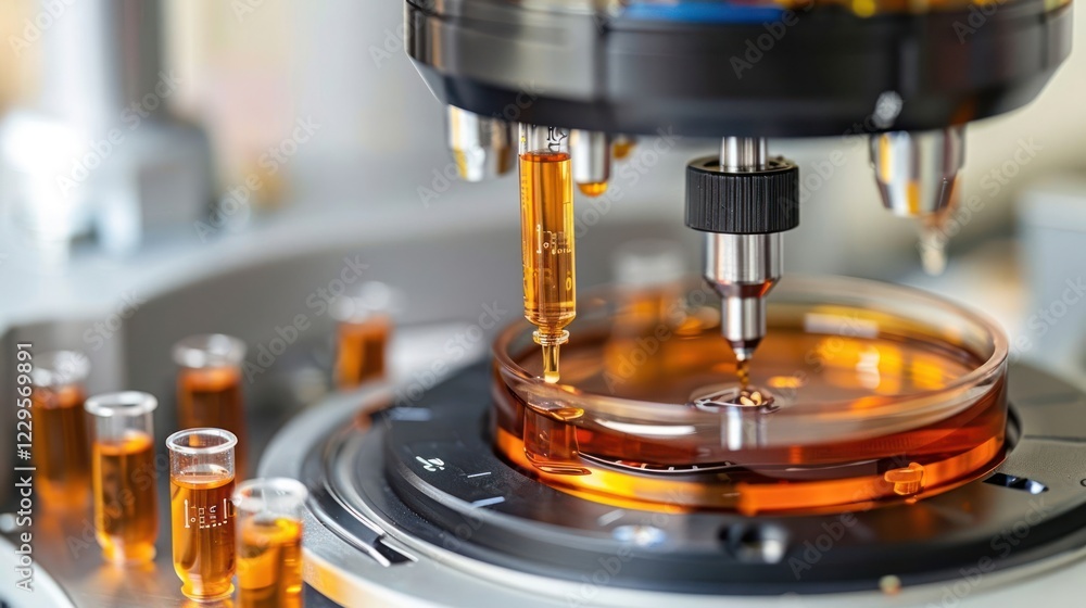 Close-up of a high-tech microscope analyzing liquid samples in a laboratory setting Close-up of a high-tech microscope analyzing liquid samples in a laboratory setting