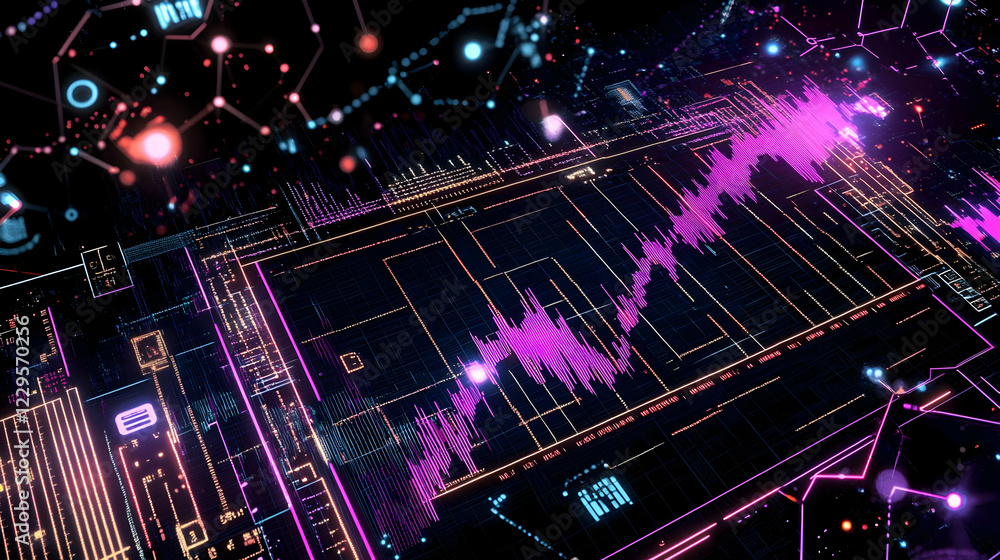 Obraz premium Abstract 3D Illustration Shows a Futuristic Interface with Glowing Lines and Data Visualization.