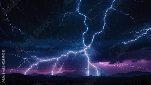 Wallpaper Mural Dramatic lightning storm over mountain range at night.  Intense blue and purple light illuminates the dark clouds and distant peaks. Torontodigital.ca
