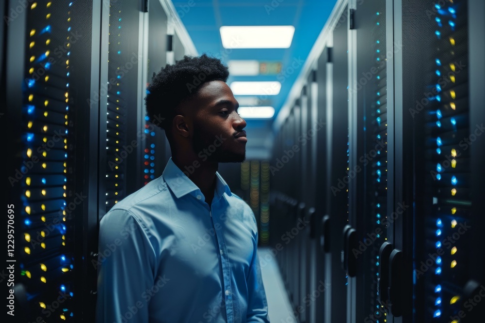 Fototapeta premium It engineer working in network server room, checking hardware equipment