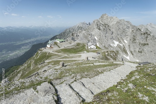 Hiking trail, steps, to Mt Hafelekarspitze with views of Seegrube, Innsbruck, Inn Valley, Stubai Valley and the Austrian Central Alps, Tyrol, Austria, Europe photo