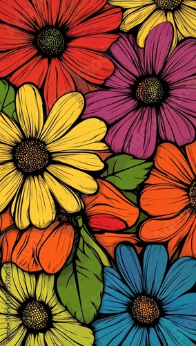 Wallpaper Mural Colorful floral pattern with a vibrant mix of flowers and leaves in various hues Torontodigital.ca