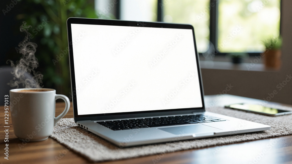 Sleek Modern Laptop on Minimalist Wooden Table with Coffee Mug, Ideal for Tech Promotions, Remote Work Blogs, and Corporate Presentations Sleek Modern Laptop on Minimalist Wooden Table with Coffee Mug, Ideal for Tech Promotions, Remote Work Blogs, and Corporate Presentations