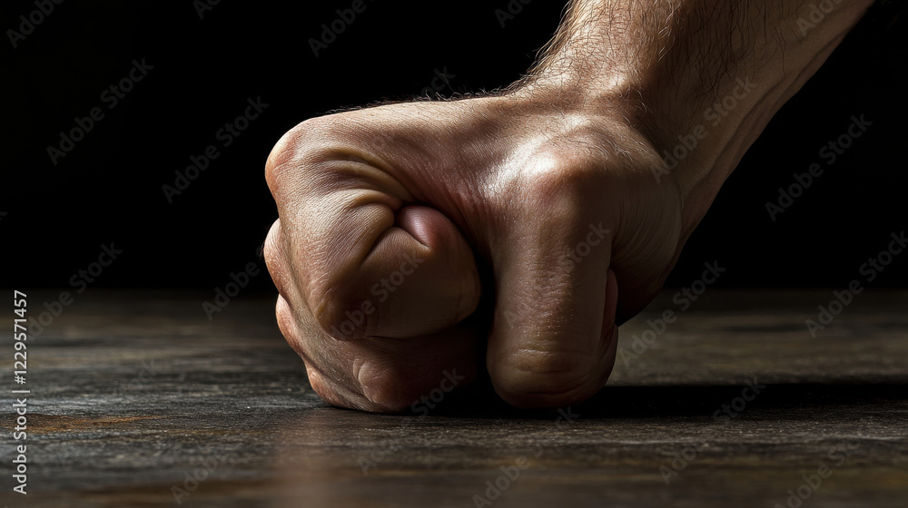A close-up of a man's clenched fist resting on a table, tension visible in the muscles, veins protruding
