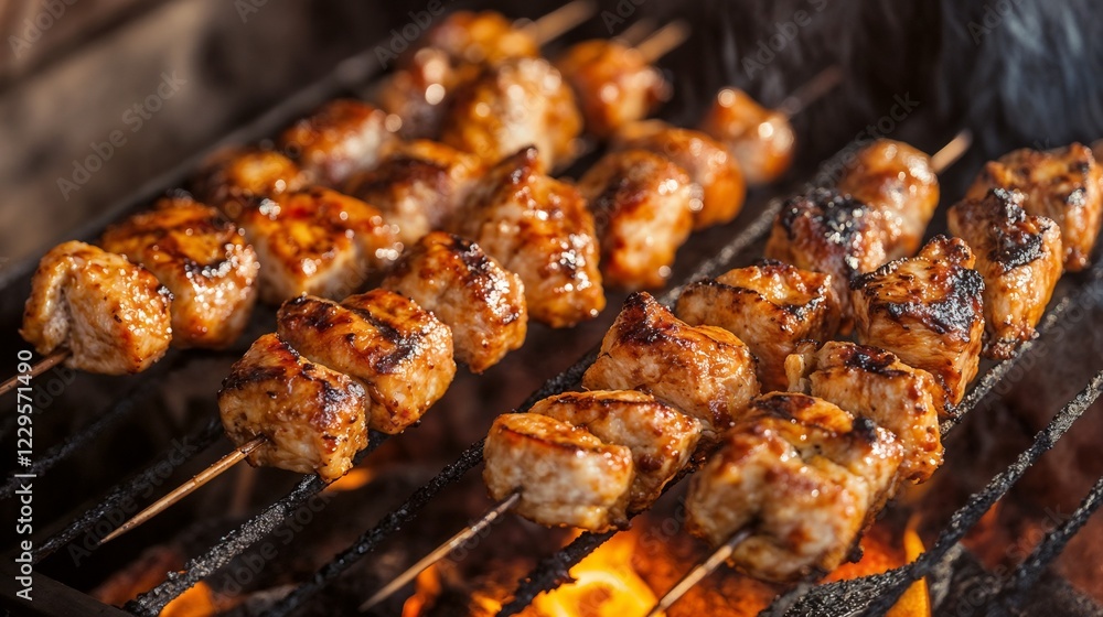 Grilled meat skewers over flaming barbecue. Suitable for cooking, grilling, and outdoor dining concepts. Grilled meat skewers over flaming barbecue. Suitable for cooking, grilling, and outdoor dining concepts.