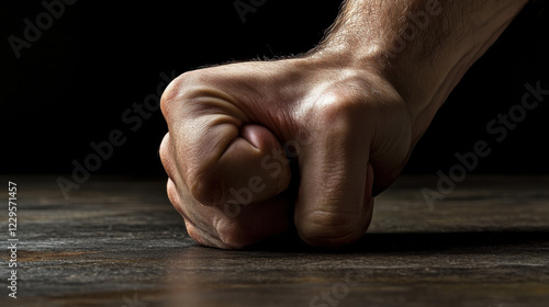 Obraz na płótnie A close-up of a man's clenched fist resting on a table, tension visible in the muscles, veins protruding w salonie