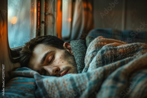 Serene moment of rest as a young man sleeps soundly in a cozy camper van, enjoying a peaceful road trip photo