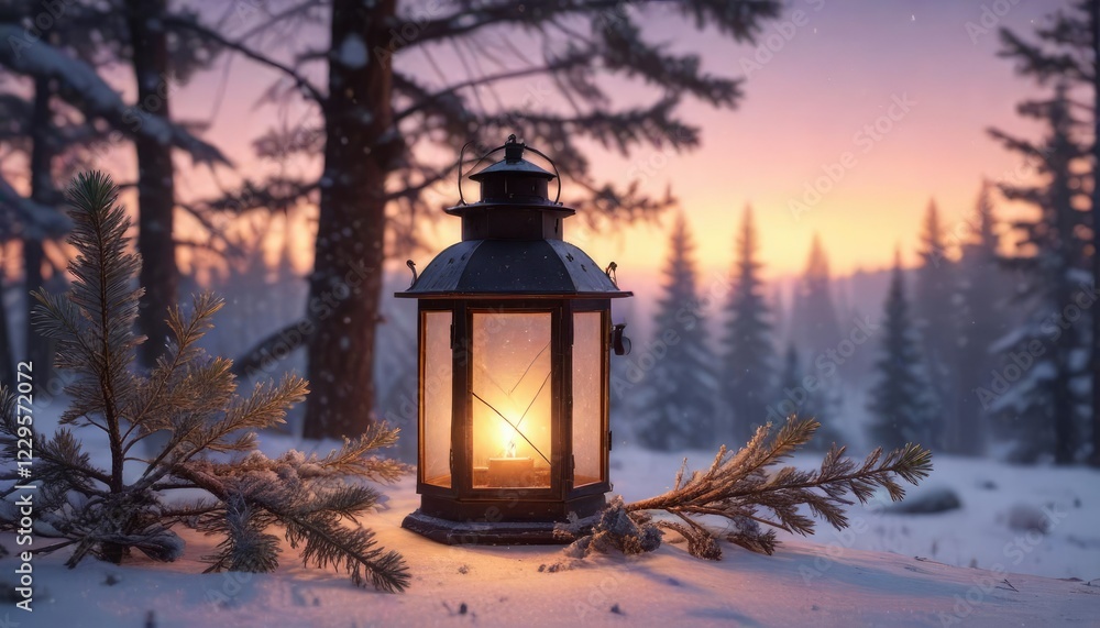 Softly glowing lantern in winter landscape amidst falling snow and frosted pine branches at sunset, lantern, frosty trees, serene scene Softly glowing lantern in winter landscape amidst falling snow and frosted pine branches at sunset, lantern, frosty trees, serene scene